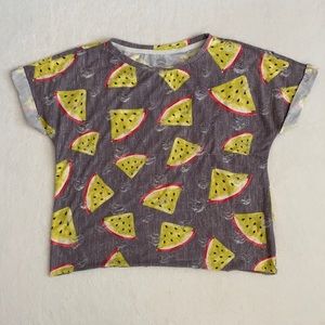 Watermelon Allover Print Distressed Cuffed Sleeve Boxy Top 377446 Gray/Yellow S